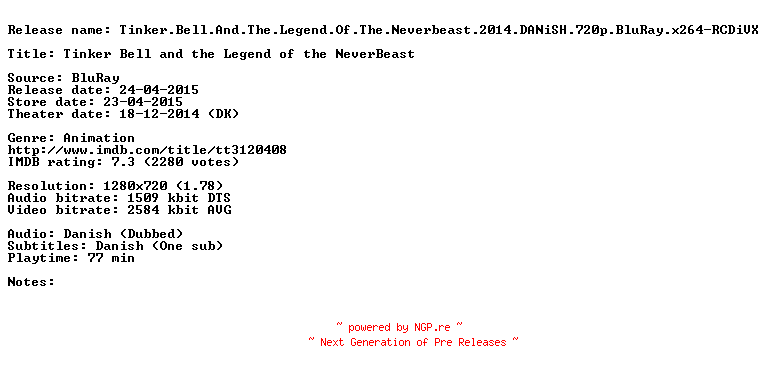 NFO for the release Tinker.Bell.And.The.Legend.Of.The.Neverbeast.2014.DANiSH.720p.BluRay.x264-RCDiVX by RCDiVX