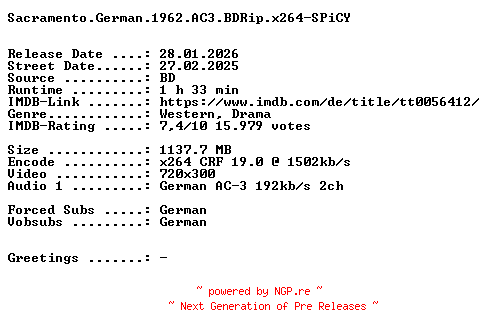 NFO for the release Sacramento.German.1962.AC3.BDRip.x264-SPiCY by SPiCY