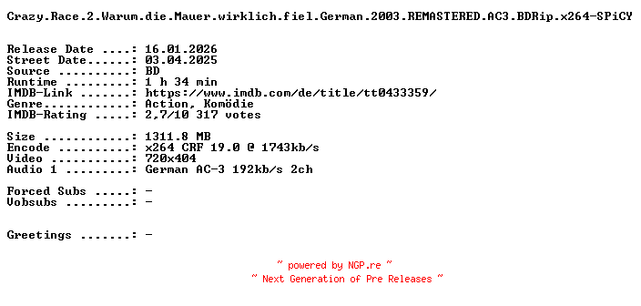 NFO for the release Crazy.Race.2.Warum.die.Mauer.wirklich.fiel.German.2003.REMASTERED.AC3.BDRip.x264-SPiCY by SPiCY