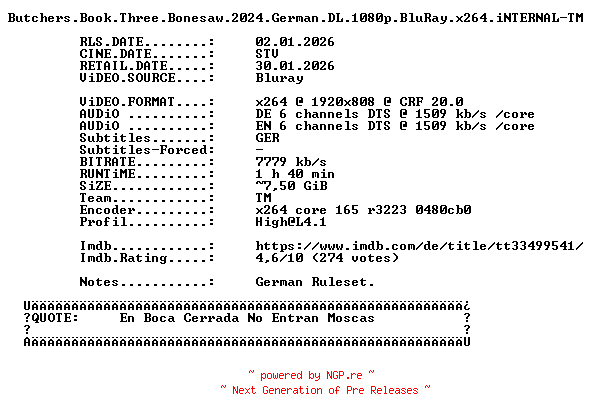 NFO for the release Butchers.Book.Three.Bonesaw.2024.German.DL.1080p.BluRay.x264.iNTERNAL-TM by TM
