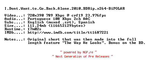NFO for the release I.Dont.Want.to.Go.Back.Alone.2010.BDRip.x264-BiPOLAR by BiPOLAR