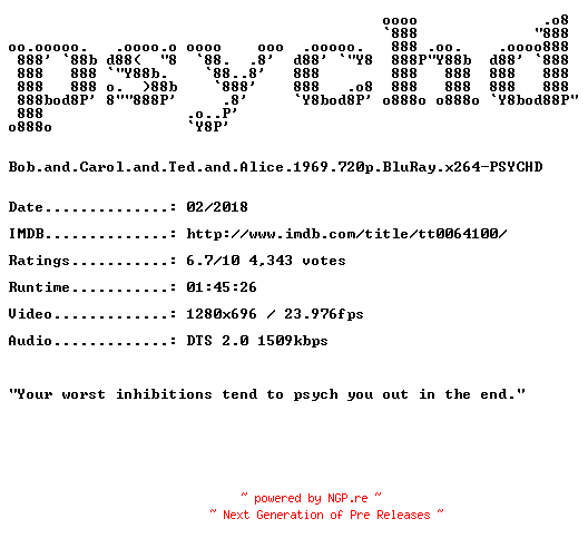 NFO for the release Bob.and.Carol.and.Ted.and.Alice.1969.720p.BluRay.x264-PSYCHD by PSYCHD