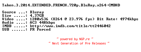 NFO for the release Taken.3.2014.EXTENDED.FRENCH.720p.BluRay.x264-CMBHD by CMBHD