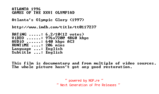 NFO for the release Atlantas.Olympic.Glory.1997.720p.BluRay.x264-SUMMERX by SUMMERX