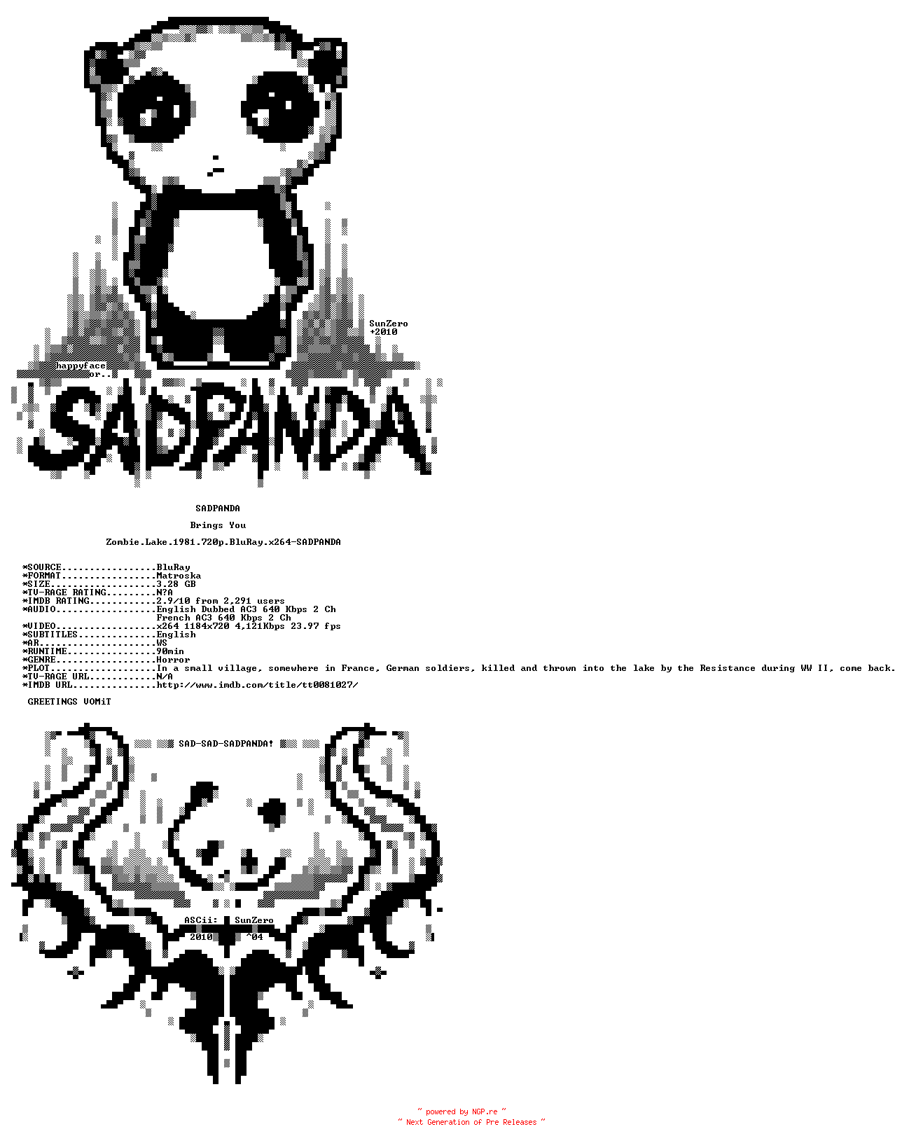 NFO for the release Zombie.Lake.1981.720p.BluRay.x264-SADPANDA by SADPANDA
