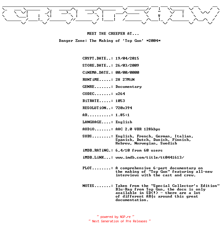 NFO for the release Danger.Zone.The.Making.Of.Top.Gun.2004.BDRiP.x264-CREEPSHOW by CREEPSHOW