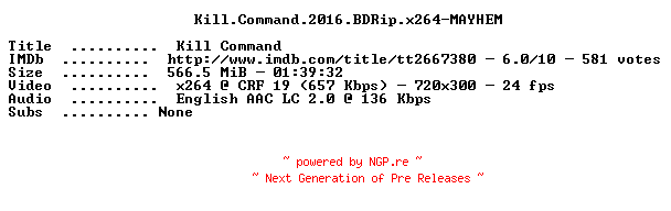 NFO for the release Kill.Command.2016.BDRip.x264-MAYHEM by MAYHEM