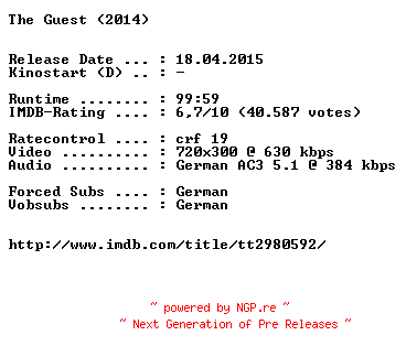 NFO for the release The.Guest.German.2014.BDRiP.x264-EXQUiSiTE by EXQUiSiTE