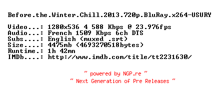 NFO for the release Before.the.Winter.Chill.2013.720p.BluRay.x264-USURY by USURY