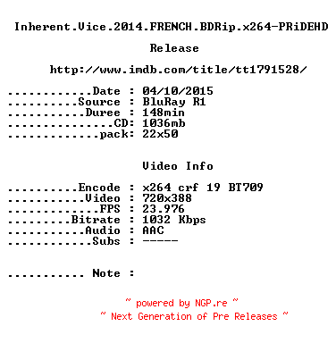 NFO for the release Inherent.Vice.2014.FRENCH.BDRip.x264-PRiDEHD by PRiDEHD