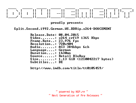 NFO for the release Split.Second.1992.German.WS.BDRip.x264-DOUCEMENT by DOUCEMENT