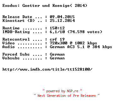 NFO for the release Exodus.Goetter.und.Koenige.German.BDRiP.x264-EXQUiSiTE by EXQUiSiTE