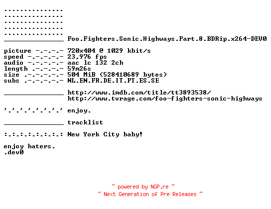 NFO for the release Foo.Fighters.Sonic.Highways.Part.8.BDRip.x264-DEV0 by DEV0