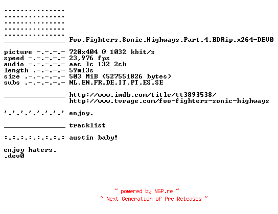 NFO for the release Foo.Fighters.Sonic.Highways.Part.4.BDRip.x264-DEV0 by DEV0