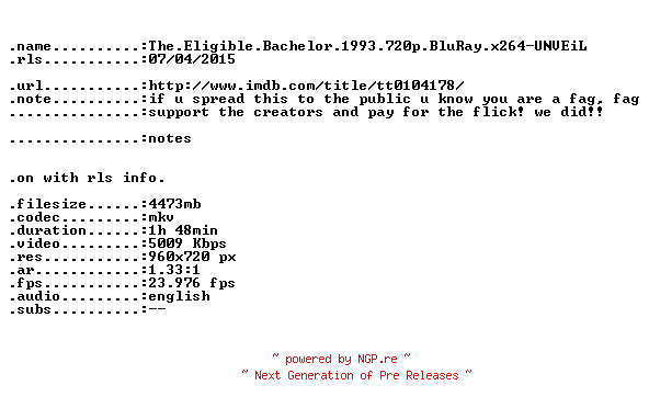 NFO for the release The.Eligible.Bachelor.1993.720p.BluRay.x264-UNVEiL by UNVEiL