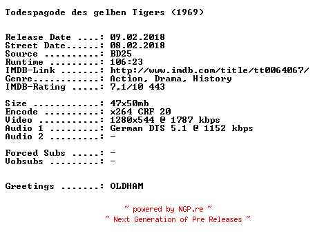 NFO for the release Todespagode.des.gelben.Tigers.1969.German.720p.BluRay.x264-SPiCY by SPiCY