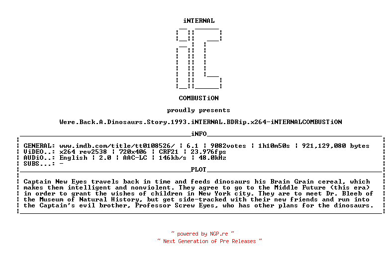NFO for the release Were.Back.A.Dinosaurs.Story.1993.iNTERNAL.BDRip.x264-iNTERNALCOMBUSTiON by iNTERNALCOMBUSTiON