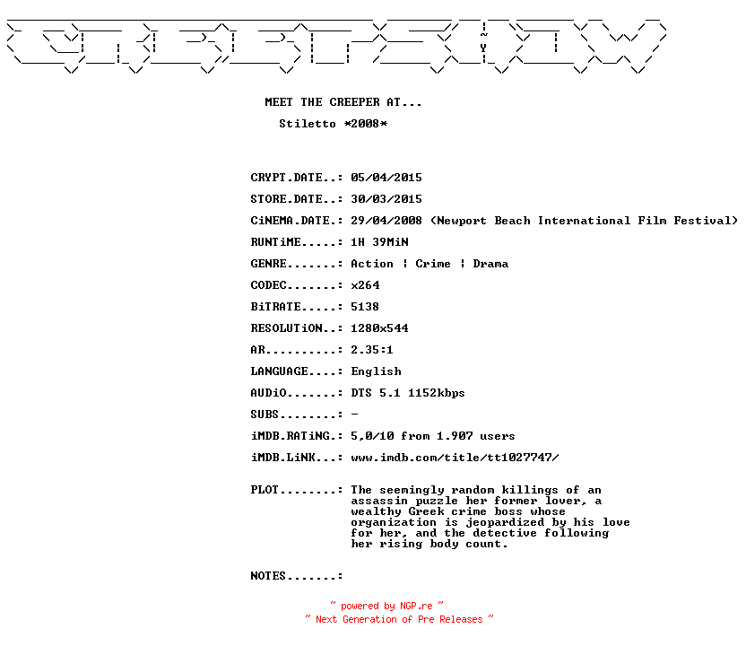 NFO for the release Stiletto.2008.UNCUT.720p.BluRay.x264-CREEPSHOW by CREEPSHOW