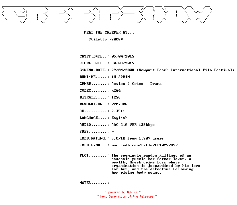 NFO for the release Stiletto.2008.INTERNAL.BDRiP.x264-CREEPSHOWx by CREEPSHOWx