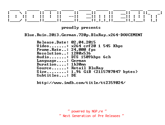 NFO for the release Blue.Ruin.2013.German.720p.BluRay.x264-DOUCEMENT by DOUCEMENT