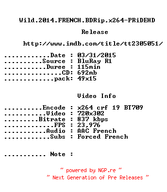 NFO for the release Wild.2014.FRENCH.BDRip.x264-PRiDEHD by PRiDEHD