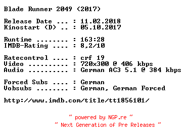 NFO for the release Blade.Runner.2049.German.2017.AC3.BDRip.x264-COiNCiDENCE by COiNCiDENCE