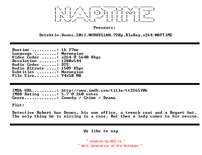NFO for the release Detektiv.Downs.2013.NORWEGiAN.720p.BluRay.x264-NAPTiME by NAPTiME