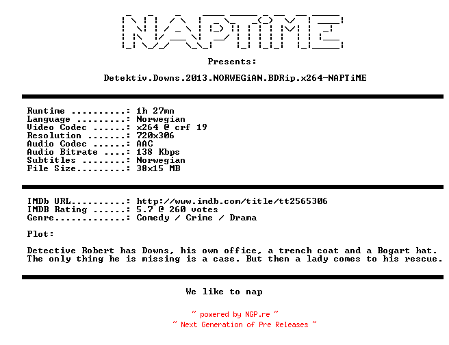 NFO for the release Detektiv.Downs.2013.NORWEGiAN.BDRip.x264-NAPTiME by NAPTiME