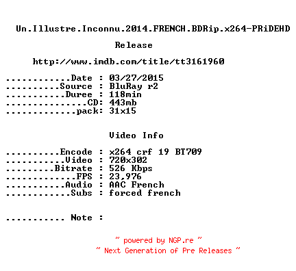 NFO for the release Un.Illustre.Inconnu.2014.FRENCH.BDRip.x264-PRiDEHD by PRiDEHD