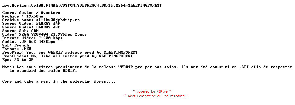 NFO for the release Log.Horizon.Vol08.FINAL.CUSTOM.SUBFRENCH.BDRIP.X264-SLEEPINGFOREST by SLEEPINGFOREST