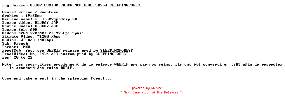 NFO for the release Log.Horizon.Vol07.CUSTOM.SUBFRENCH.BDRIP.X264-SLEEPINGFOREST by SLEEPINGFOREST