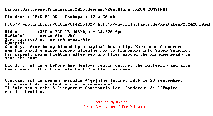 NFO for the release Barbie.Die.Super.Prinzessin.2015.German.720p.BluRay.x264-CONSTANT by CONSTANT