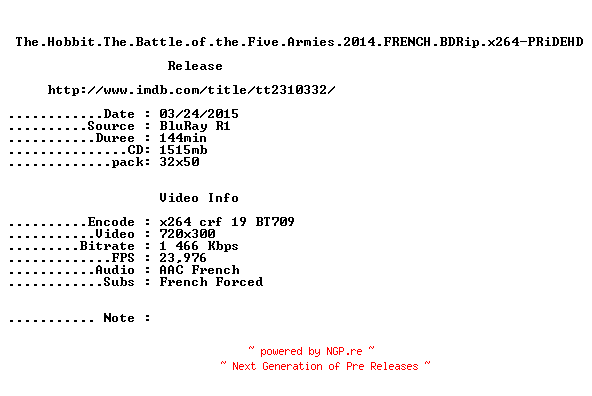 NFO for the release The.Hobbit.The.Battle.of.the.Five.Armies.2014.FRENCH.BDRip.x264-PRiDEHD by PRiDEHD