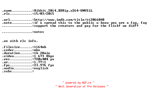 NFO for the release Ribbit.2014.BDRip.x264-UNVEiL by UNVEiL