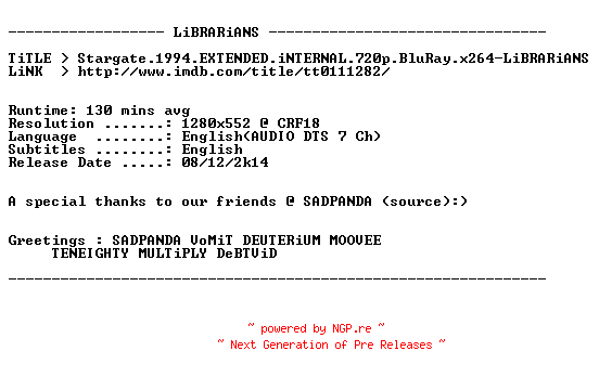 NFO for the release Stargate.1994.EXTENDED.iNTERNAL.720p.BluRay.x264-LiBRARiANS by LiBRARiANS