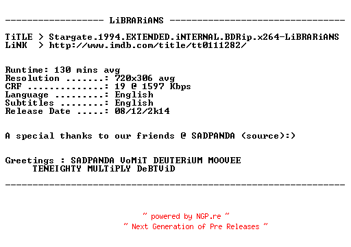 NFO for the release Stargate.1994.EXTENDED.iNTERNAL.BDRip.x264-LiBRARiANS by LiBRARiANS