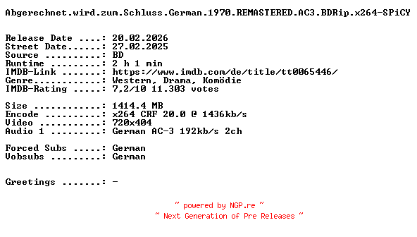 NFO for the release Abgerechnet.wird.zum.Schluss.German.1970.REMASTERED.AC3.BDRip.x264-SPiCY by SPiCY