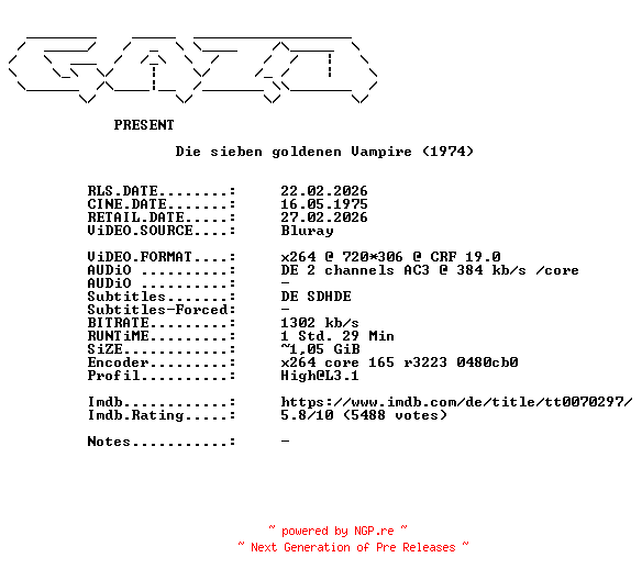 NFO for the release Die.7.goldenen.Vampire.German.1974.AC3.BDRip.x264-GAZO by GAZO