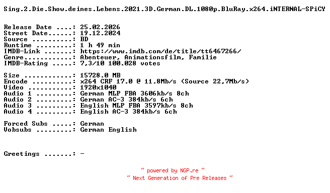 NFO for the release Sing.2.Die.Show.deines.Lebens.2021.3D.German.DL.1080p.BluRay.x264.iNTERNAL-SPiCY by SPiCY