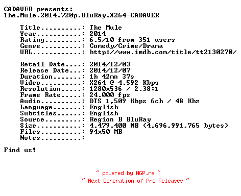 NFO for the release The.Mule.2014.720p.BluRay.X264-CADAVER by CADAVER