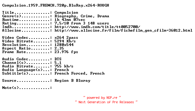 NFO for the release Compulsion.1959.FRENCH.720p.BluRay.x264-ROUGH by ROUGH