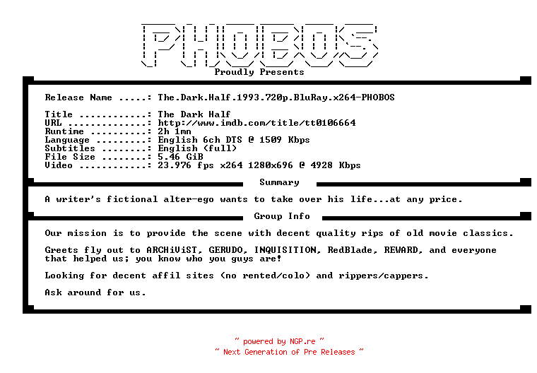 NFO for the release The.Dark.Half.1993.720p.BluRay.x264-PHOBOS by PHOBOS
