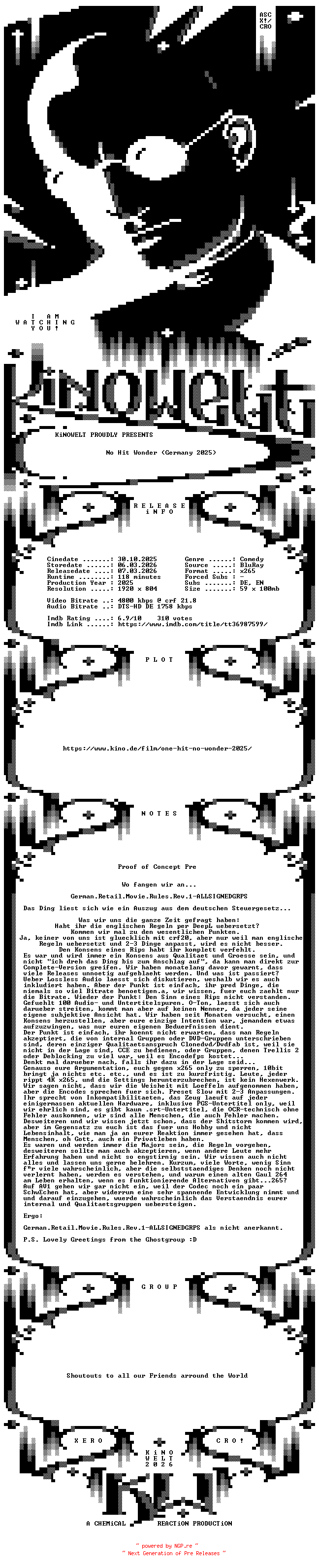 NFO for the release No.Hit.Wonder.2025.German.1080p.BluRay.READ.NFO.x265-KiNOWELT by KiNOWELT
