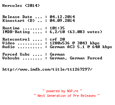 NFO for the release Hercules.EXTENDED.2014.German.720p.BluRay.x264-EXQUiSiTE by EXQUiSiTE