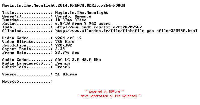 NFO for the release Magic.In.The.Moonlight.2014.FRENCH.BDRip.x264-ROUGH by ROUGH