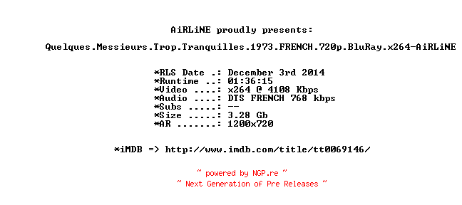 NFO for the release Quelques.Messieurs.Trop.Tranquilles.1973.FRENCH.720p.BluRay.x264-AiRLiNE by AiRLiNE