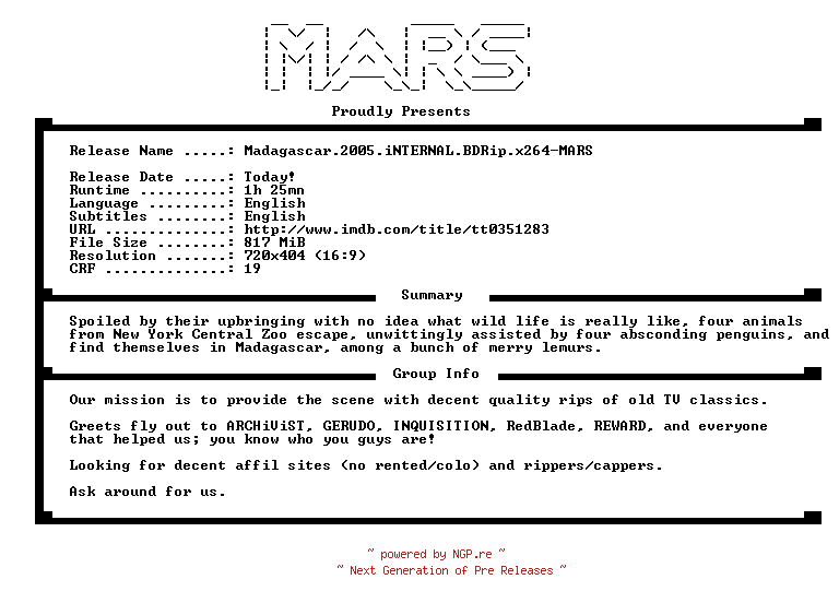 NFO for the release Madagascar.2005.iNTERNAL.BDRip.x264-MARS by MARS