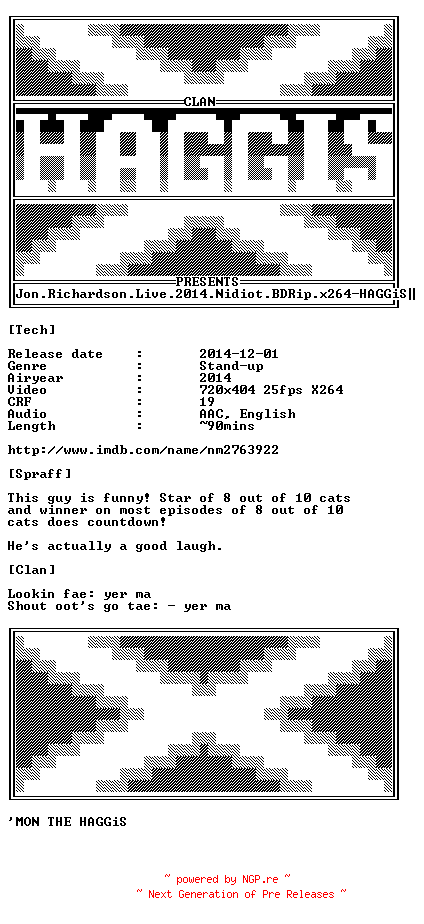 NFO for the release Jon.Richardson.Live.2014.Nidiot.BDRip.x264-HAGGiS by HAGGiS