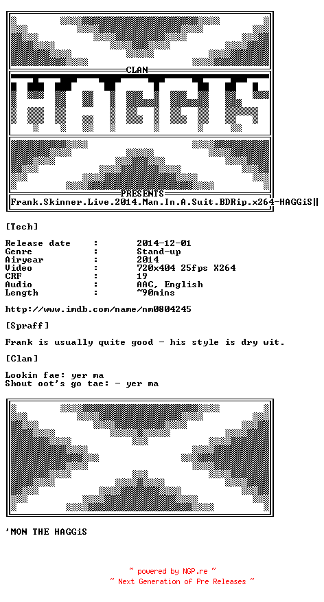 NFO for the release Frank.Skinner.Live.2014.Man.In.A.Suit.BDRip.x264-HAGGiS by HAGGiS