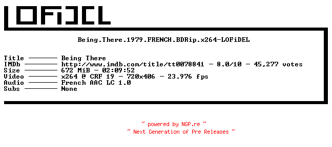 NFO for the release Being.There.1979.FRENCH.BDRip.x264-LOFiDEL by LOFiDEL